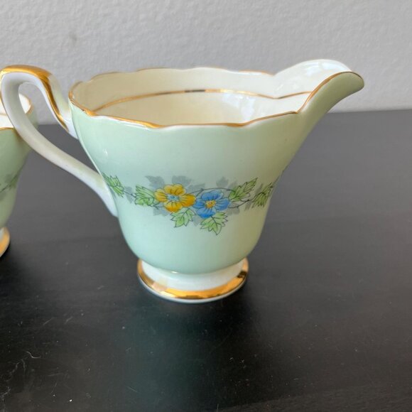 Mint Green Floral Sugar & Creamer Set // Delphine China England // Floral Design - Picture 3 of 7